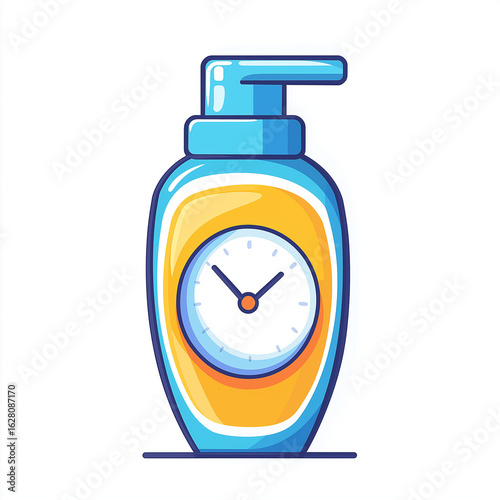 A bottle of cosmetics or shampoo with a clock, vector flat isolated illustration
