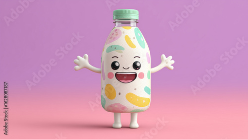 Cartoon milk bottle character with arms legs and a happy face on a pink background