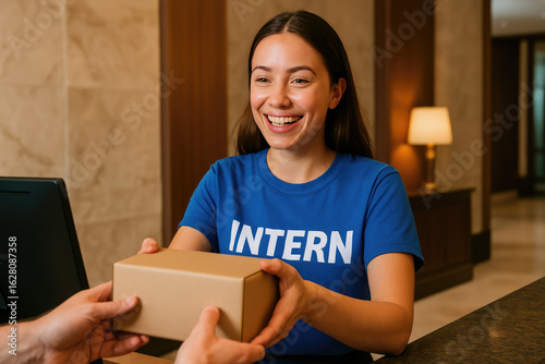 Intern's Delight: A cheerful intern is joyfully accepting a parcel box, radiating happiness and engagement.
