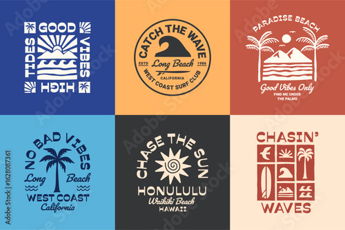 A set of summer surf theme vector designs with waves, palm trees, and sunsets. Perfect for t-shirt designs and coastal branding.	
