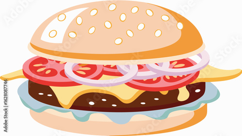 Illustration of a delicious burger with tomatoes, cheese, onions, and a sesame seed bun on white