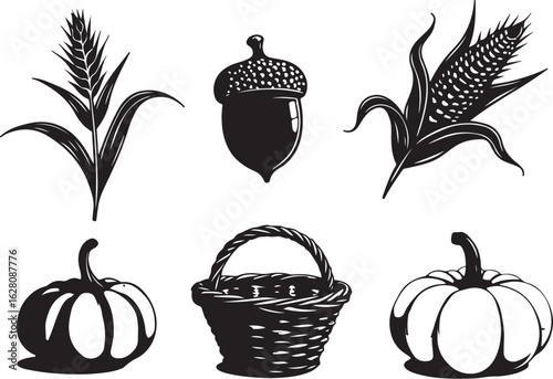 Harvest bounty: pumpkins, corn, wheat, acorn, basket