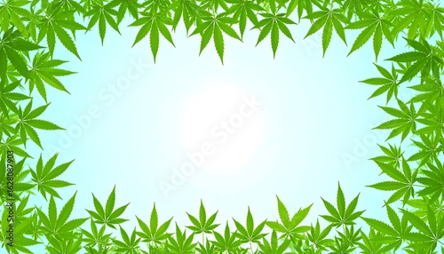 Lush green cannabis leaves frame a bright, airy blue and white space, creating a natural and inviting border perfect for text or design integration.