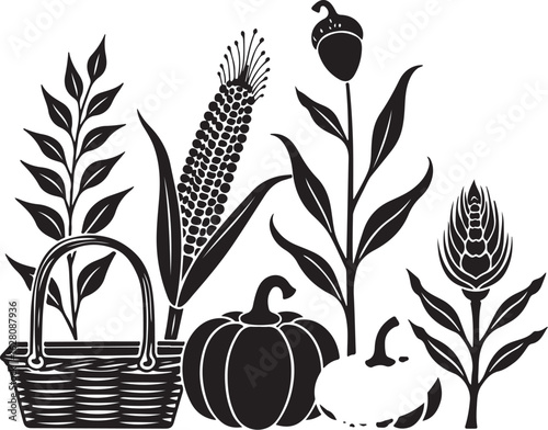 Harvest bounty basket with corn, pumpkin, acorn, wheat