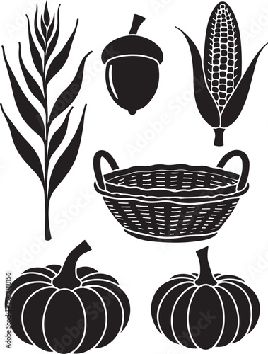 Harvest bounty icons pumpkins corn acorn basket autumn bounty