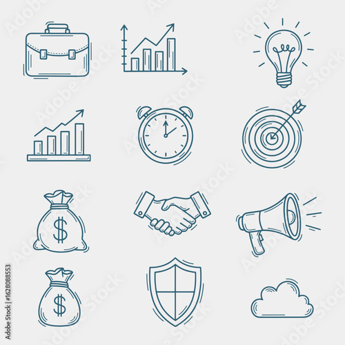 A collection of a variety of business-related icons hand-drawn doodles.
