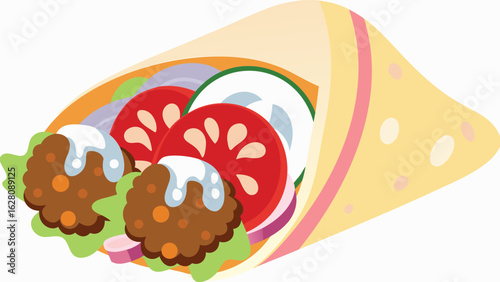 Illustration of a falafel wrap with tomatoes onions lettuce and a creamy white sauce filling inside