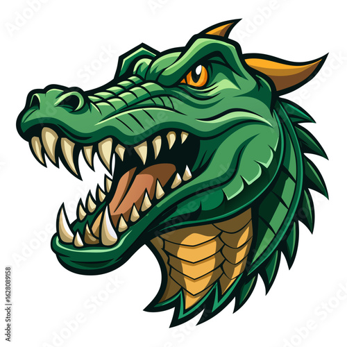 Ferocious green dragon head roaring with sharp teeth, perfect for gaming logo or fantasy illustration