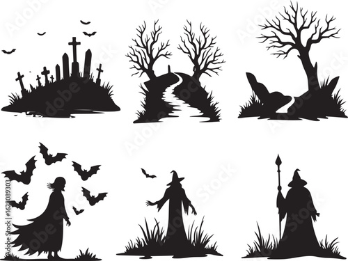 Spooky Halloween silhouettes: graveyard, witches, bats, trees