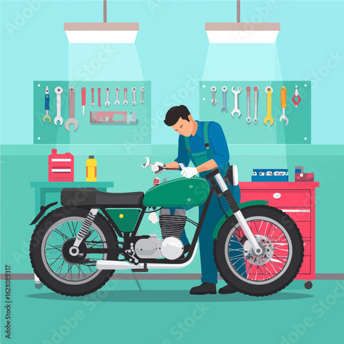 Vector of a motorcycle mechanic performing bike repairs in a colorful modern workshop. Great for repair and motor service themes.