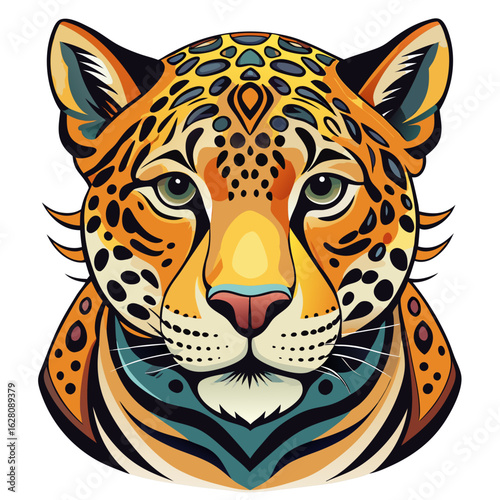 Striking jaguar portrait with captivating gaze and intricate designs, perfect for wild animal themes and tribal art