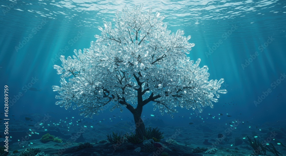 Naklejka premium Stunning crystal tree thrives underwater, illuminated by sunbeams, a magical aquatic fantasy