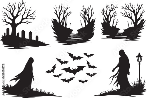 Spooky Halloween silhouettes with ghosts, bats, and haunted trees.