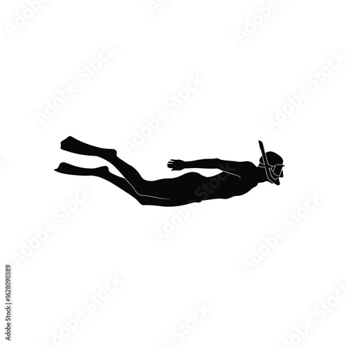 Silhouette of a snorkeler swimming underwater, isolated on white background, exploring the ocean depths in a recreational diving activity
