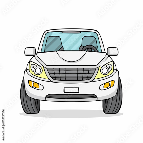 Front view of a white suv car, cartoon style, detailed line art and bright lights