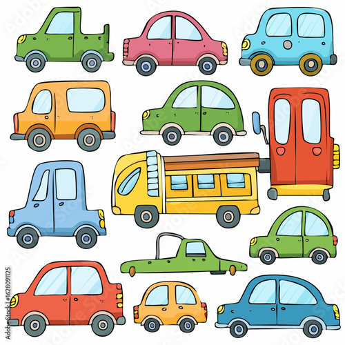 Colorful Car Collection: Whimsical Cartoon Vehicles in Various Styles and Designs