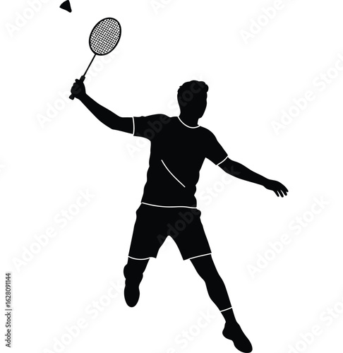 Silhouette of a badminton player hitting a shuttlecock, isolated on white background an indoor sport for fitness, exercise, and competitive match