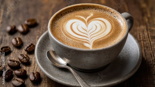 Delicious latte art coffee in a grey ceramic cup.