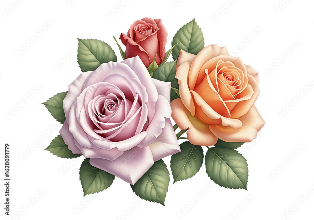 Fototapeta premium Pink, Orange, and Peach Roses with Leaves - Isolated on transparent background