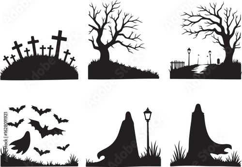 Spooky Halloween silhouettes: graveyard, ghosts, bats, trees, lamps