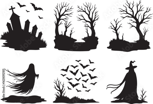 Spooky Halloween silhouettes, haunted cemetery, bats, ghost, witch