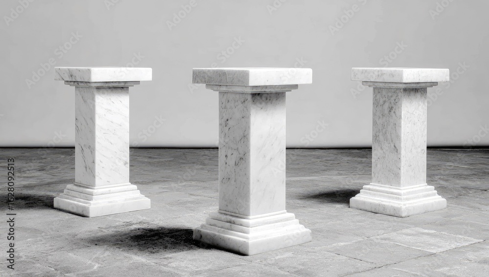Fototapeta premium Three white marble pedestals on a gray floor.