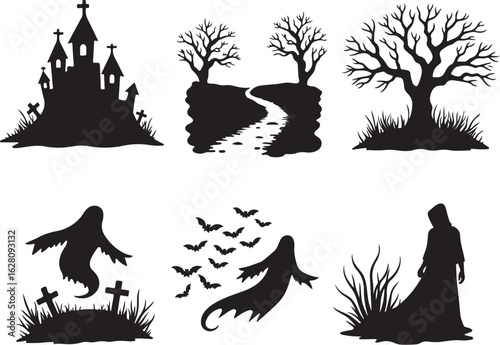 Spooky Halloween silhouettes: haunted castle, ghost, bats, trees