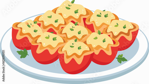 A platter of stuffed tomatoes with creamy filling and green herbs on a white plate illustration