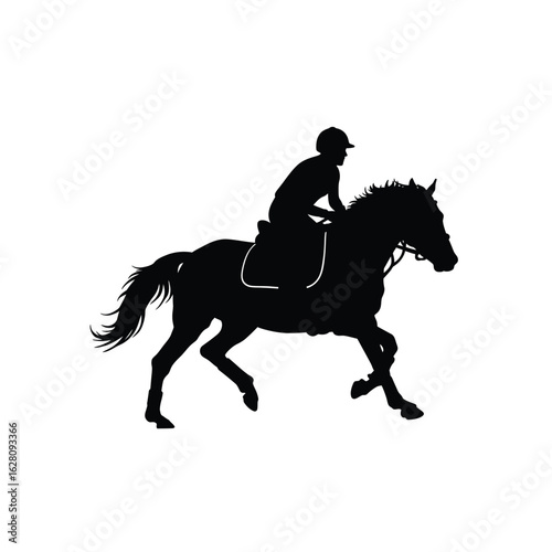 Silhouette of a horse and rider performing dressage, isolated on white background the horse is in motion, with the rider in a helmet and proper attire, showcasing equestrian sport