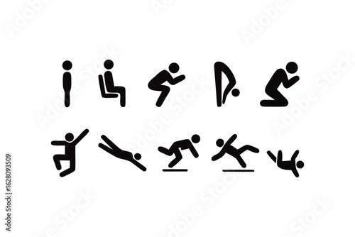 Diverse Poses and Actions Pictogram Set Exploring Human Movement and Activities in Simple Black and White Symbolic Representations