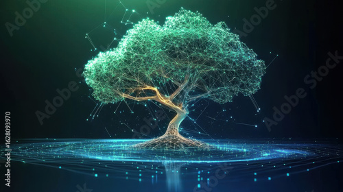 Digital biotechnology tree in futuristic polygonal style. Holographic plant concept for biotechnology or bioengineering.