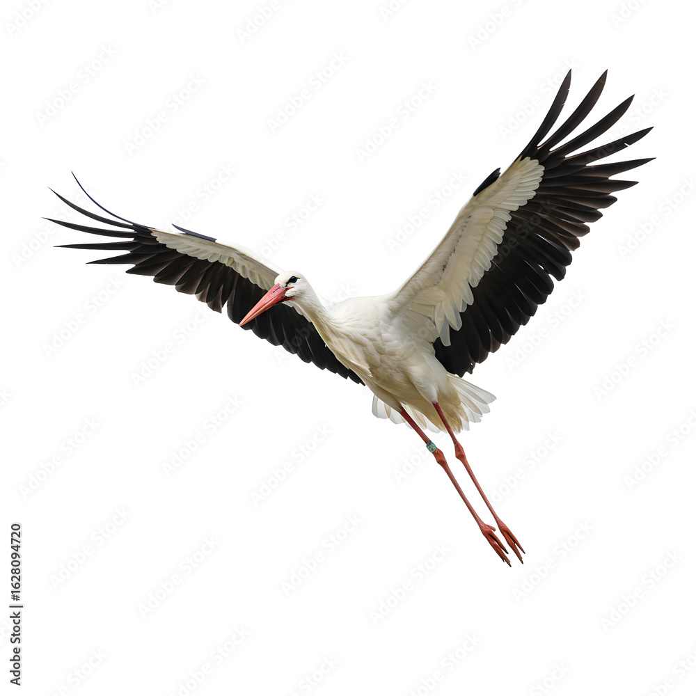 Fototapeta premium Flying white stork isolated on white or transparent background