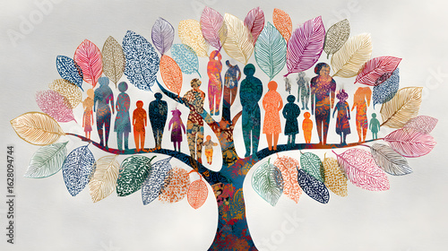 global family tree, family tree illustration depicting branches as symbols to celebrate international day of families