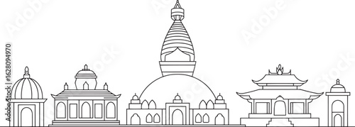 Detailed Cityscape Outline Vector Illustration of Kathmandu Skyline with Pagoda Design
