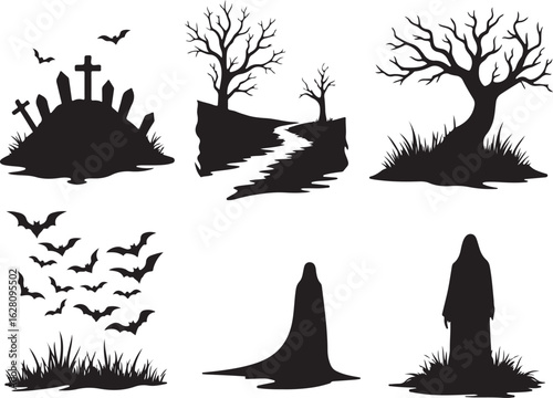 Spooky Halloween silhouettes: graveyard, bats, trees, ghosts