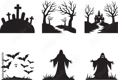 Spooky Halloween silhouettes including graveyard, haunted house, ghosts, bats