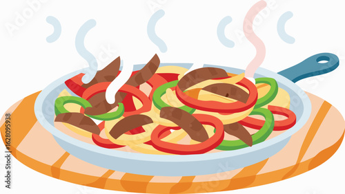 Illustration of a sizzling skillet with fajitas including peppers and meat on a wooden board