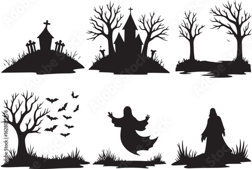 Spooky Halloween silhouettes: haunted house, ghost, bats, graveyard