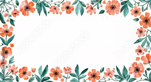 Vibrant Watercolor Coral Flowers and Green Leaves Floral Frame on White Background