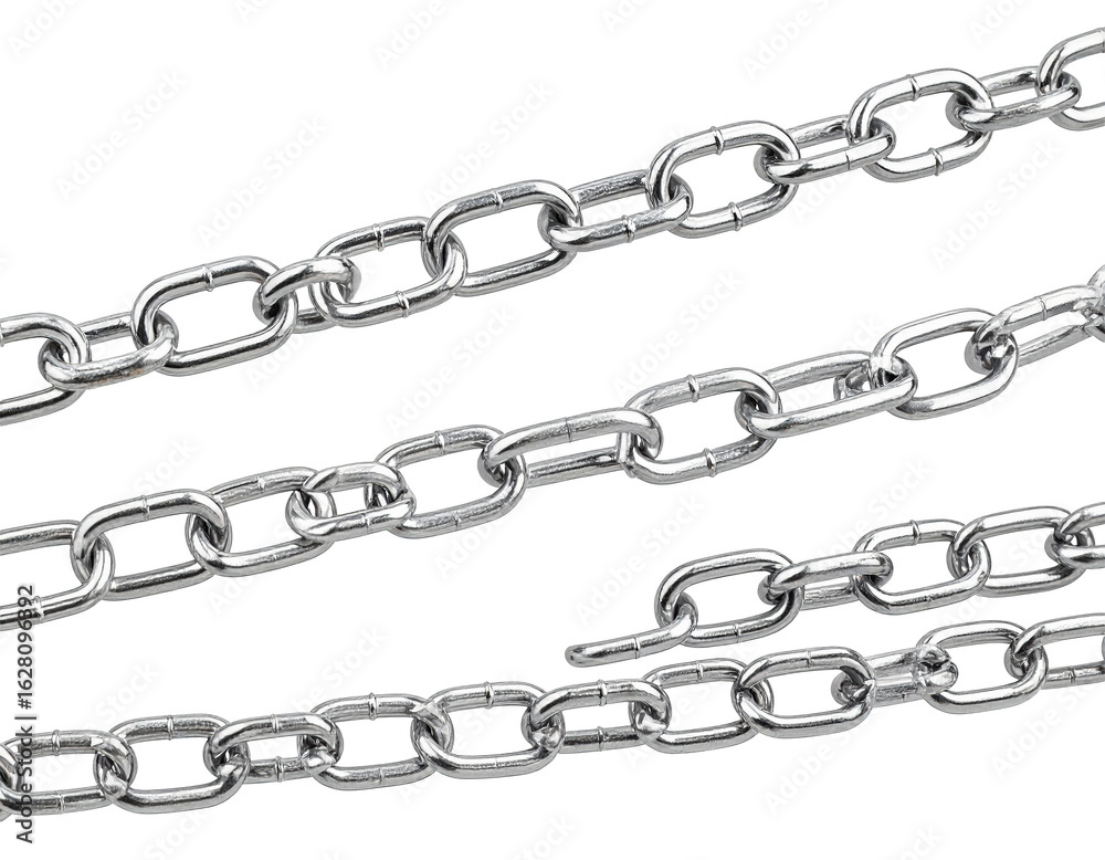 Close up view of multiple metallic chains against a clean white background Close up view of multiple metallic chains against a clean white background