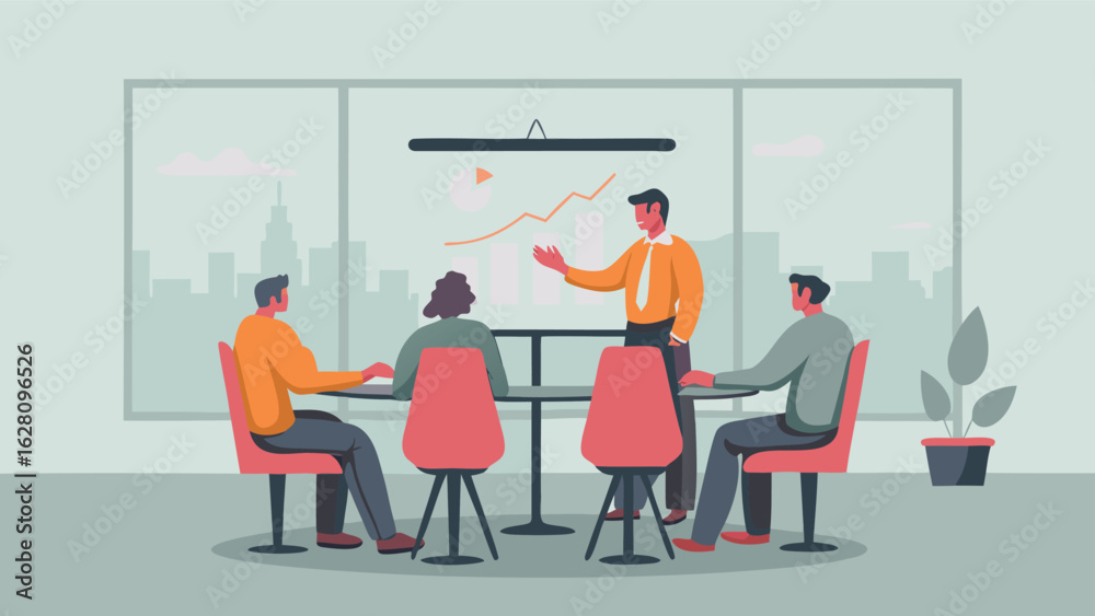 Fototapeta premium Man presenting chart to colleagues in a meeting room with city view and potted plant nearby in office