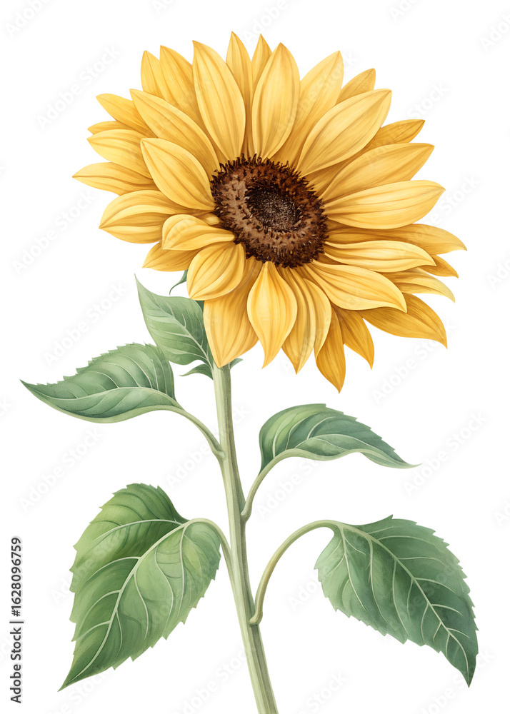 Fototapeta premium ai, png, sunflower, yellow, flower, green, leaves, botanical, nature, summer, beauty, illustration, plant, isolated, organic, bright, petals, floral, bloom, details, decoration, art, design, graphics,