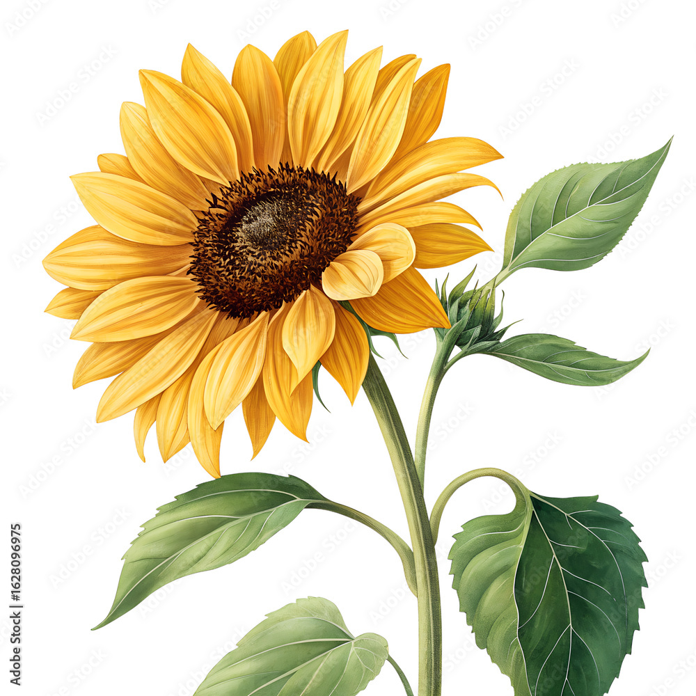 Naklejka premium ai, png, sunflower, flower, yellow, nature, plant, petals, blooms, green, leaves, isolated, color, botanical, natural, beauty, decoration, illustration, graphic, design, summer, gardening, flora, chee
