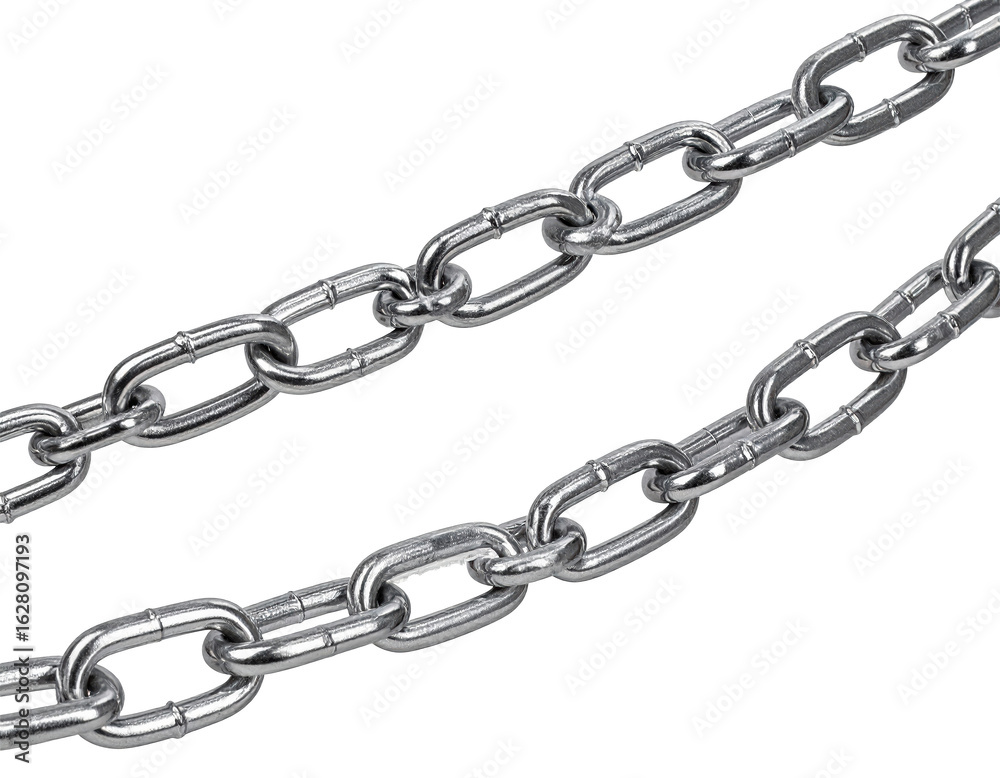 Close up view of two metal chains isolated on a white background Close up view of two metal chains isolated on a white background