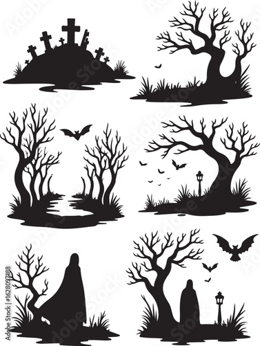 Spooky Halloween scenes with haunted trees, graves, and bats