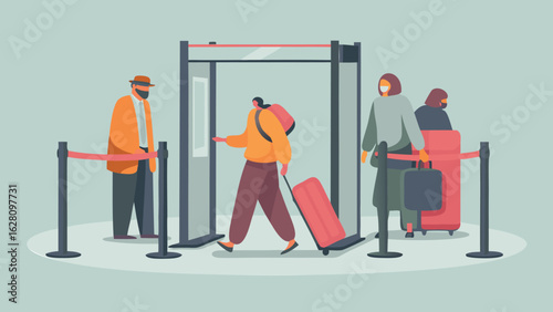 People with luggage passing through security check at the airport terminal with masks and social distancing