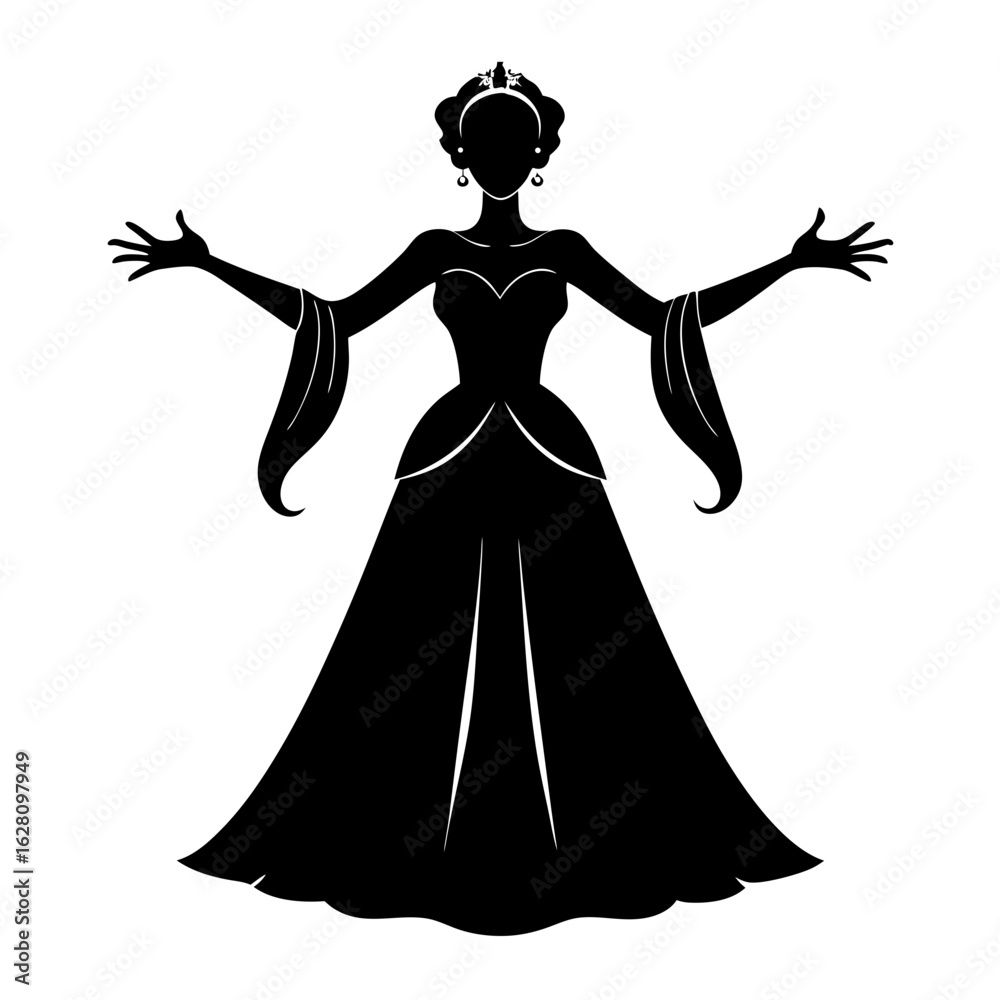 Fototapeta premium Elegant queen in gown with arms outstretched silhouette vector illustration