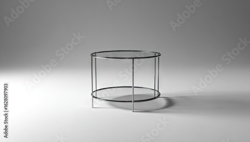 Modern round coffee table with glass top and metal frame.