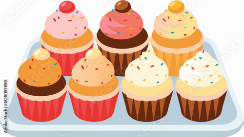 A delightful array of cupcakes with colorful frosting and sprinkles on a serving tray displayed nicely