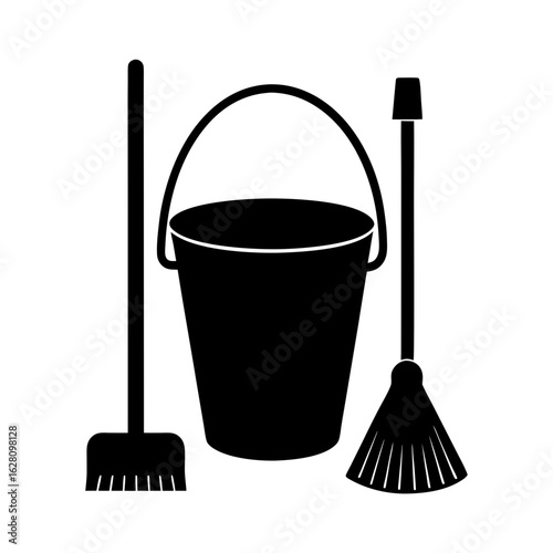 Bucket two brooms cleaning tools equipment simple silhouette vector illustration